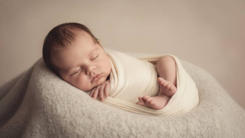 A heartwarming, dramatic studio portrait capturing a sleeping newborn baby nestled gently in a soft, natural blanket, bathed in a soft, ethereal glow, creating beautiful Kurunjang newborn photos capturing pure joy. The composition highlights tiny details like fingers and toes, evoking a sense of peaceful innocence and profound love.
