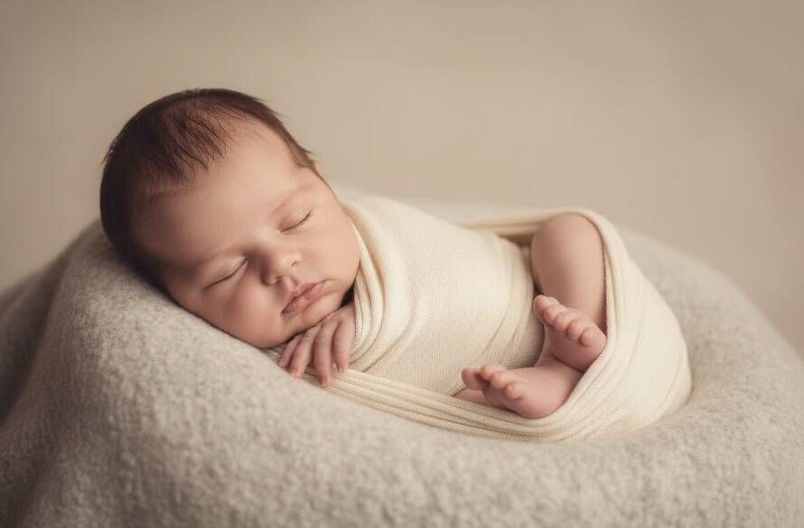 A heartwarming, dramatic studio portrait capturing a sleeping newborn baby nestled gently in a soft, natural blanket, bathed in a soft, ethereal glow, creating beautiful Kurunjang newborn photos capturing pure joy. The composition highlights tiny details like fingers and toes, evoking a sense of peaceful innocence and profound love.