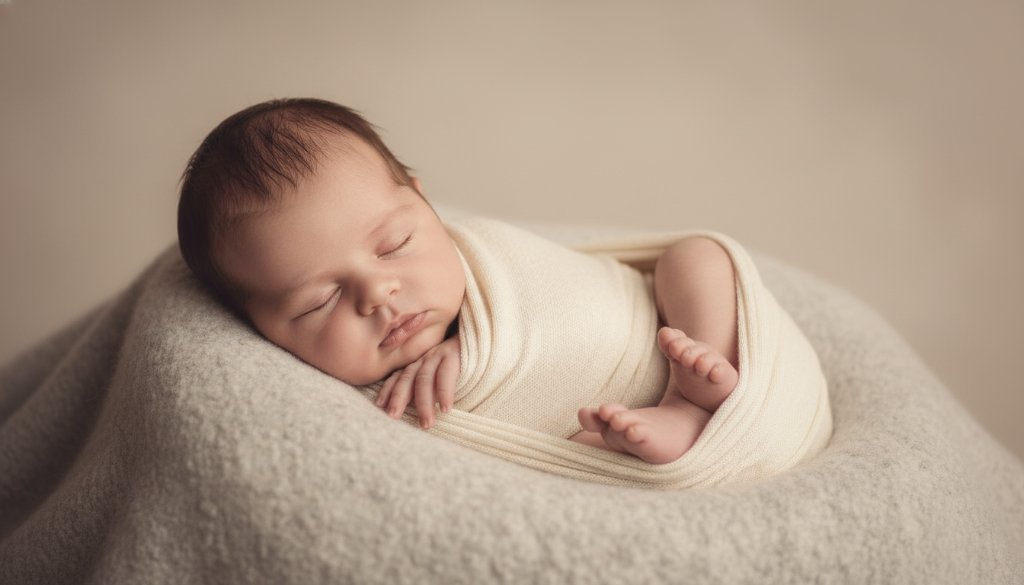 A heartwarming, dramatic studio portrait capturing a sleeping newborn baby nestled gently in a soft, natural blanket, bathed in a soft, ethereal glow, creating beautiful Kurunjang newborn photos capturing pure joy. The composition highlights tiny details like fingers and toes, evoking a sense of peaceful innocence and profound love.