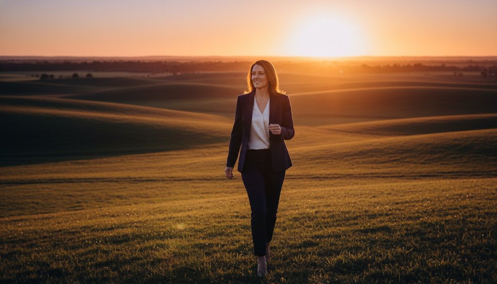 An inspiring Kurunjang personal branding photography for entrepreneurs shot, featuring a dynamic business owner looking confidently towards the horizon at sunset, their silhouette framed by the open fields near Kurunjang and dramatic, golden hour light, embodying ambition and local success.