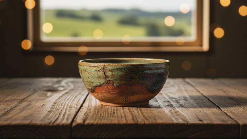 A breathtaking close-up shot of a meticulously crafted artisan ceramic bowl, glowing under dramatic spotlighting, capturing the essence of Kurunjang Product Photography Elevating Local Brands, highlighting its intricate textures against a blurred, earthy background.