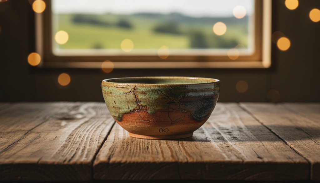 A breathtaking close-up shot of a meticulously crafted artisan ceramic bowl, glowing under dramatic spotlighting, capturing the essence of Kurunjang Product Photography Elevating Local Brands, highlighting its intricate textures against a blurred, earthy background.