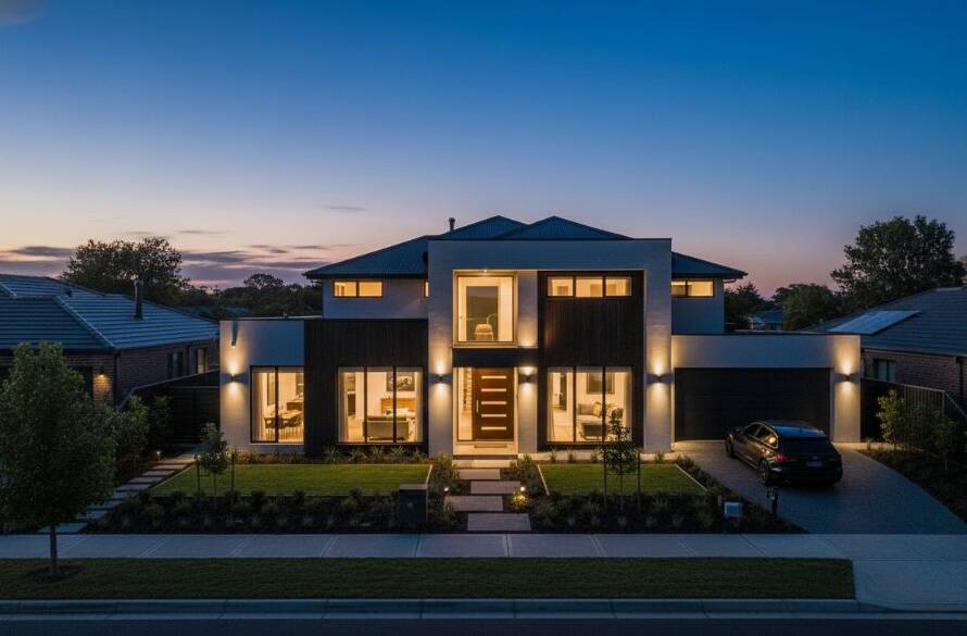 An aerial, cinematic shot showcasing a modern family home in Kurunjang at twilight, with warm interior lights glowing, surrounded by the emerging community and hints of the nearby open spaces, emphasizing the value of Kurunjang real estate photography premium marketing.