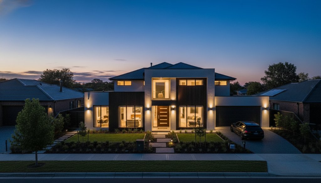 An aerial, cinematic shot showcasing a modern family home in Kurunjang at twilight, with warm interior lights glowing, surrounded by the emerging community and hints of the nearby open spaces, emphasizing the value of Kurunjang real estate photography premium marketing.