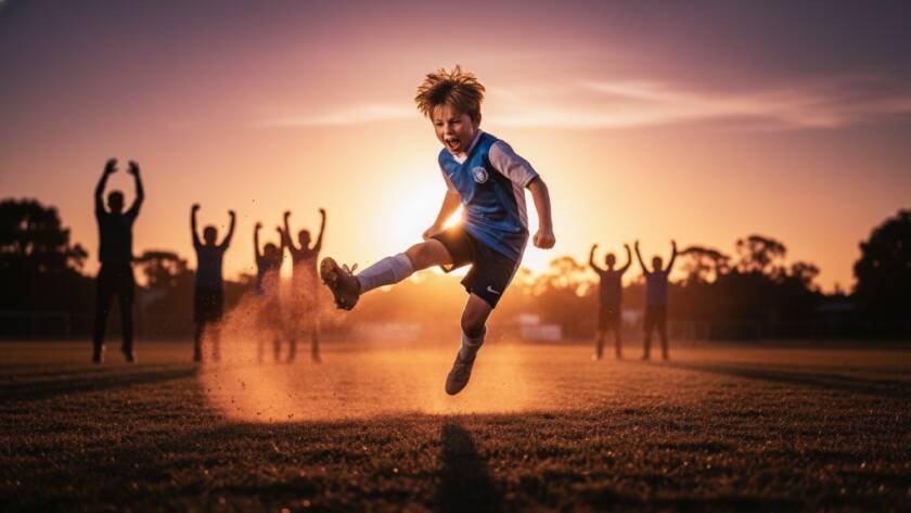 An epic, dramatically lit photograph capturing a young athlete celebrating a winning goal in Kurunjang youth sports photography, with blurred teammates and cheering spectators in the background.
