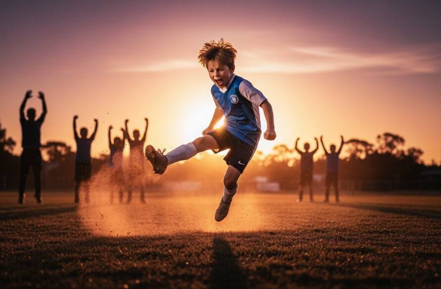 An epic, dramatically lit photograph capturing a young athlete celebrating a winning goal in Kurunjang youth sports photography, with blurred teammates and cheering spectators in the background.
