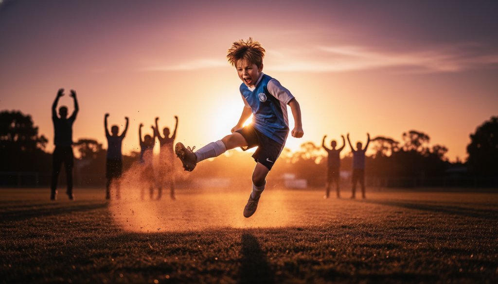 An epic, dramatically lit photograph capturing a young athlete celebrating a winning goal in Kurunjang youth sports photography, with blurred teammates and cheering spectators in the background.