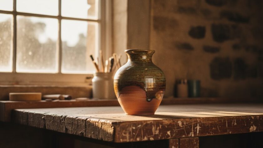 Dramatic close-up of a beautifully crafted Kyneton artisan ceramic vase, glowing under warm, cinematic light within a rustic Kyneton studio, showcasing exquisite detail and texture, embodying Kyneton artisan product photography Victorian Goldfields.