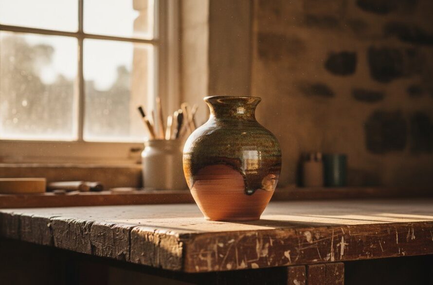 Dramatic close-up of a beautifully crafted Kyneton artisan ceramic vase, glowing under warm, cinematic light within a rustic Kyneton studio, showcasing exquisite detail and texture, embodying Kyneton artisan product photography Victorian Goldfields.