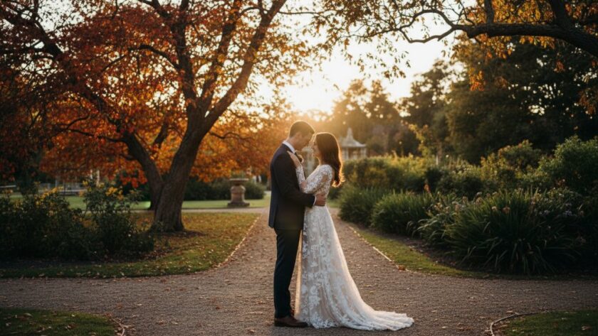An intimate moment captured during Kyneton Botanical Gardens wedding photography, featuring a couple embracing under dramatic light, showcasing the rustic charm of Kyneton's autumn colours.