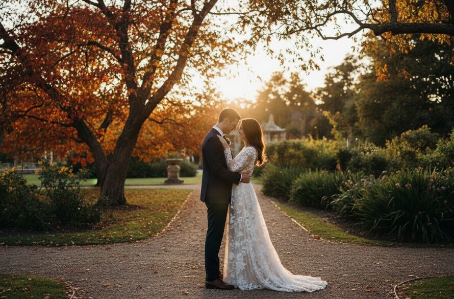 An intimate moment captured during Kyneton Botanical Gardens wedding photography, featuring a couple embracing under dramatic light, showcasing the rustic charm of Kyneton's autumn colours.
