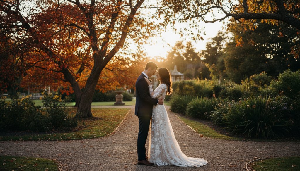 An intimate moment captured during Kyneton Botanical Gardens wedding photography, featuring a couple embracing under dramatic light, showcasing the rustic charm of Kyneton's autumn colours.