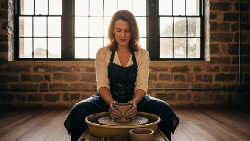 A Kyneton boutique branding photography for artisans scene featuring a skilled ceramicist intensely focused on their pottery wheel in a sun-drenched, rustic Kyneton studio, capturing the artistic process with dramatic, warm backlighting.