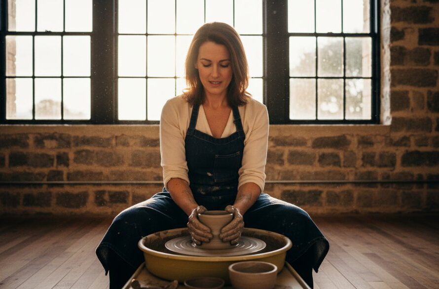 A Kyneton boutique branding photography for artisans scene featuring a skilled ceramicist intensely focused on their pottery wheel in a sun-drenched, rustic Kyneton studio, capturing the artistic process with dramatic, warm backlighting.