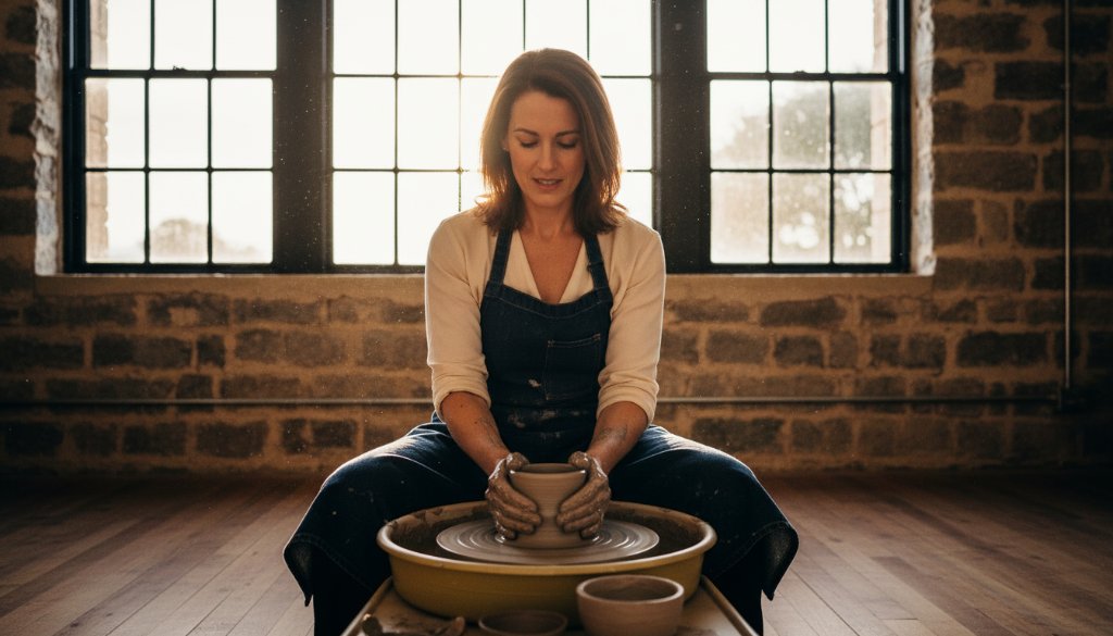A Kyneton boutique branding photography for artisans scene featuring a skilled ceramicist intensely focused on their pottery wheel in a sun-drenched, rustic Kyneton studio, capturing the artistic process with dramatic, warm backlighting.
