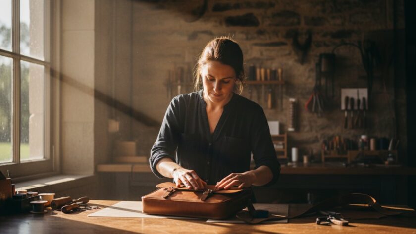 An epic shot showcasing Kyneton business advertising photography excellence, featuring a local artisan intently crafting bespoke jewellery in a sunlit Kyneton workshop, with dramatic lighting highlighting the intricate details of their work.