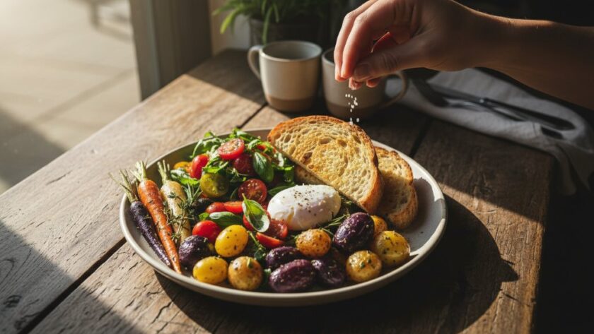 A dramatic, professionally lit overhead shot capturing the Kyneton cafe food photography expertise: a perfectly styled brunch platter with local produce, steam rising from a coffee, set on a rustic wooden table inside a charming Kyneton cafe, bathed in soft morning light, showcasing the culinary artistry of the Macedon Ranges.