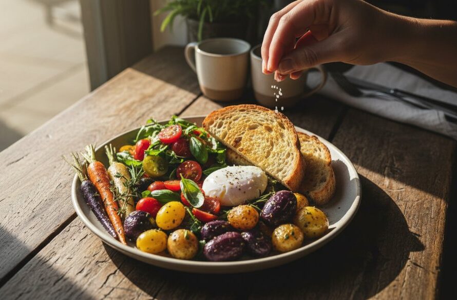 A dramatic, professionally lit overhead shot capturing the Kyneton cafe food photography expertise: a perfectly styled brunch platter with local produce, steam rising from a coffee, set on a rustic wooden table inside a charming Kyneton cafe, bathed in soft morning light, showcasing the culinary artistry of the Macedon Ranges.