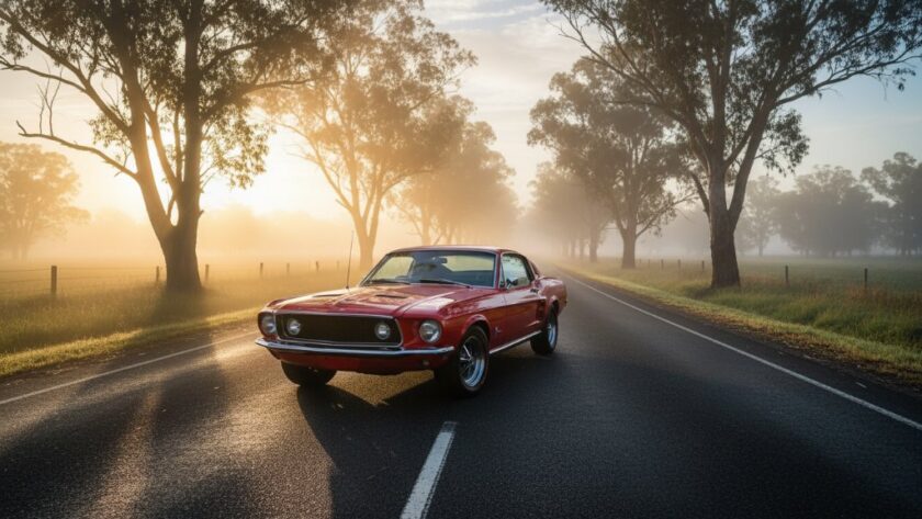 An epic moment in Kyneton classic car photography Victoria, featuring a gleaming red vintage muscle car parked dramatically on a misty, tree-lined country road near Piper Street, Kyneton, with the morning sun bursting through the fog, professionally color-graded with a cinematic feel.