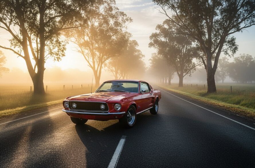 An epic moment in Kyneton classic car photography Victoria, featuring a gleaming red vintage muscle car parked dramatically on a misty, tree-lined country road near Piper Street, Kyneton, with the morning sun bursting through the fog, professionally color-graded with a cinematic feel.