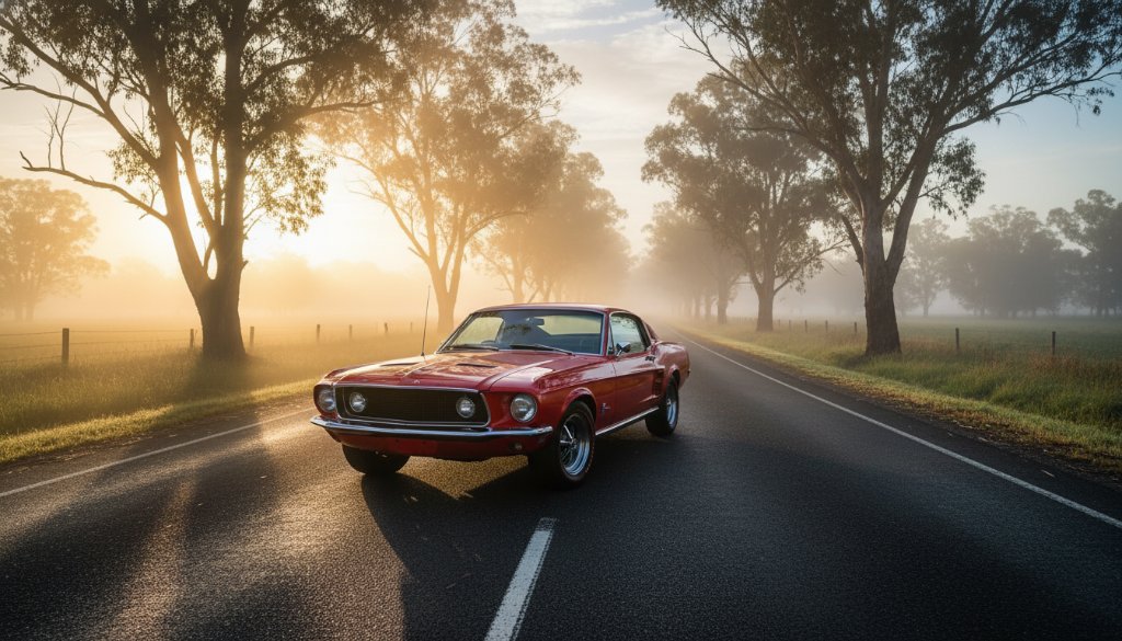 An epic moment in Kyneton classic car photography Victoria, featuring a gleaming red vintage muscle car parked dramatically on a misty, tree-lined country road near Piper Street, Kyneton, with the morning sun bursting through the fog, professionally color-graded with a cinematic feel.