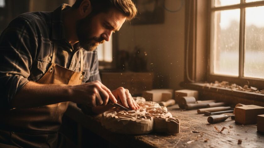 An epic moment of a Kyneton commercial photography for unique local businesses shoot, featuring a local artisan passionately crafting a unique ceramic piece in their sunlit Kyneton studio, dramatic lighting highlighting their focused expression and the intricate details of their work, professional color grading.