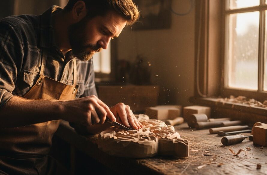 An epic moment of a Kyneton commercial photography for unique local businesses shoot, featuring a local artisan passionately crafting a unique ceramic piece in their sunlit Kyneton studio, dramatic lighting highlighting their focused expression and the intricate details of their work, professional color grading.