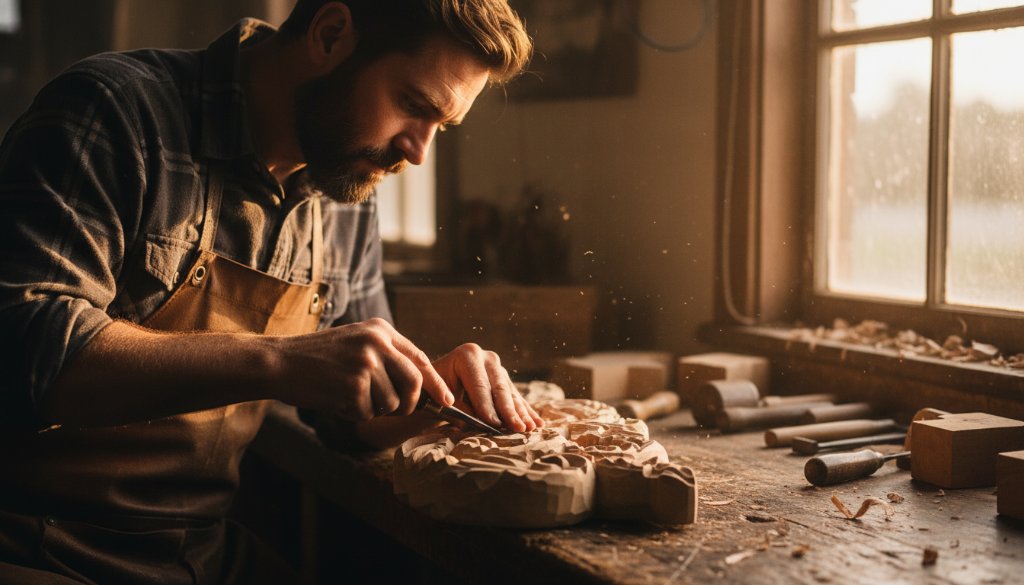 An epic moment of a Kyneton commercial photography for unique local businesses shoot, featuring a local artisan passionately crafting a unique ceramic piece in their sunlit Kyneton studio, dramatic lighting highlighting their focused expression and the intricate details of their work, professional color grading.