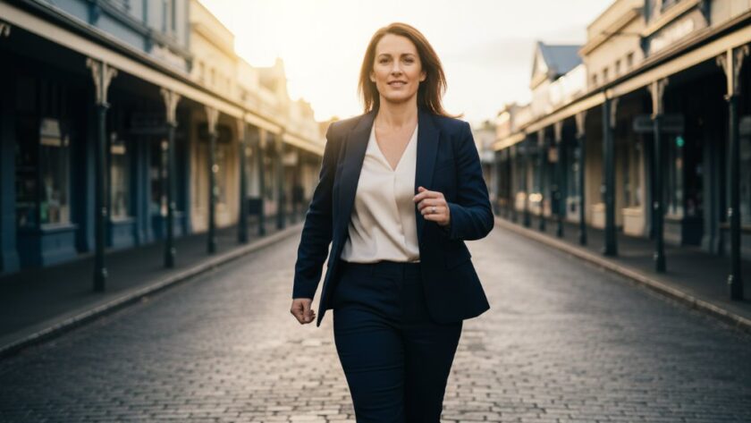 Dynamic, cinematic portrait showcasing a confident professional amidst Kyneton's historic bluestone architecture, exemplifying premium Kyneton corporate photography for local businesses, with dramatic natural light.