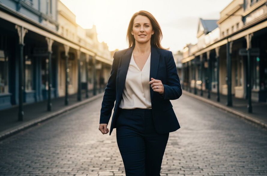 Dynamic, cinematic portrait showcasing a confident professional amidst Kyneton's historic bluestone architecture, exemplifying premium Kyneton corporate photography for local businesses, with dramatic natural light.