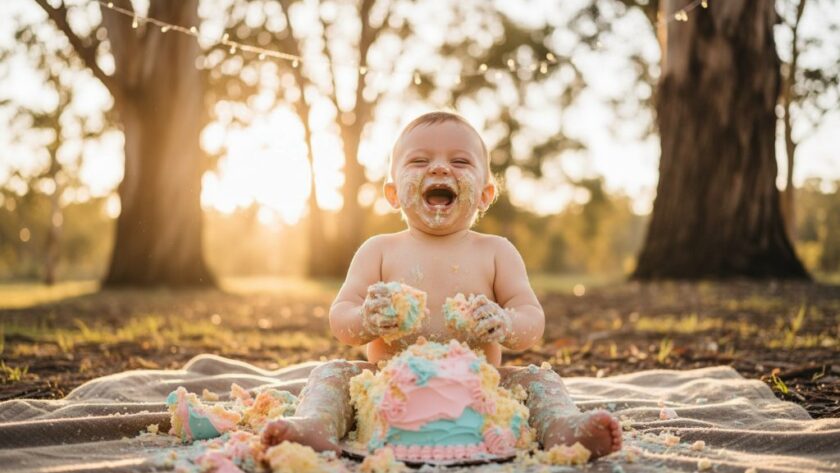An epic moment captured during Kyneton First Birthday Cake Smash Photography, featuring a baby gleefully covered in cake, surrounded by colourful balloons, with soft, golden light filtering in, creating a joyful, chaotic, and memorable scene.