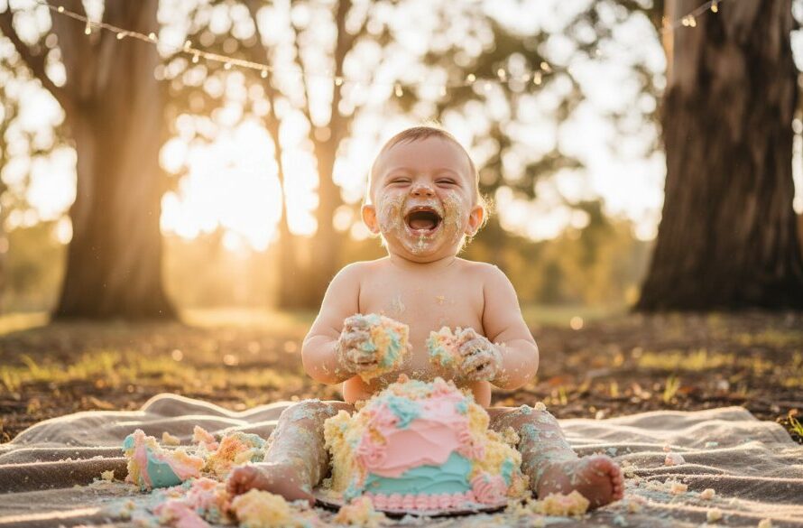 An epic moment captured during Kyneton First Birthday Cake Smash Photography, featuring a baby gleefully covered in cake, surrounded by colourful balloons, with soft, golden light filtering in, creating a joyful, chaotic, and memorable scene.