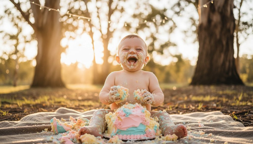 An epic moment captured during Kyneton First Birthday Cake Smash Photography, featuring a baby gleefully covered in cake, surrounded by colourful balloons, with soft, golden light filtering in, creating a joyful, chaotic, and memorable scene.