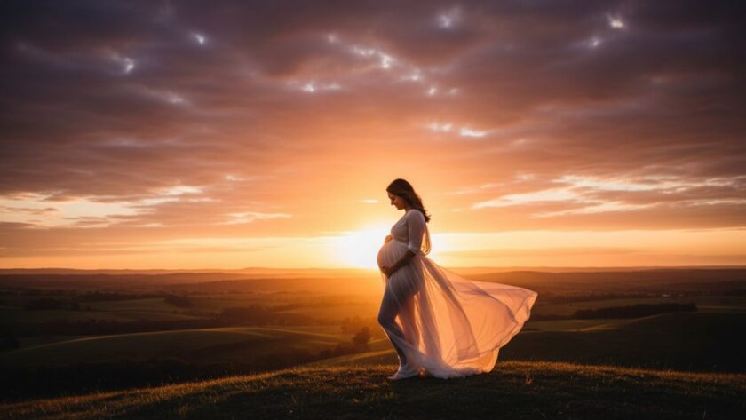 A breathtaking Kyneton Golden Hour Maternity Photoshoot Experience featuring a radiant pregnant woman silhouetted against a dramatic sunset over rolling Kyneton hills, her hands gently cradling her bump, captured with professional cinematic lighting and rich colour grading.