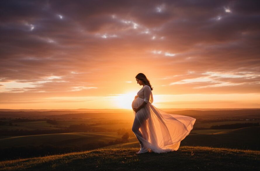A breathtaking Kyneton Golden Hour Maternity Photoshoot Experience featuring a radiant pregnant woman silhouetted against a dramatic sunset over rolling Kyneton hills, her hands gently cradling her bump, captured with professional cinematic lighting and rich colour grading.