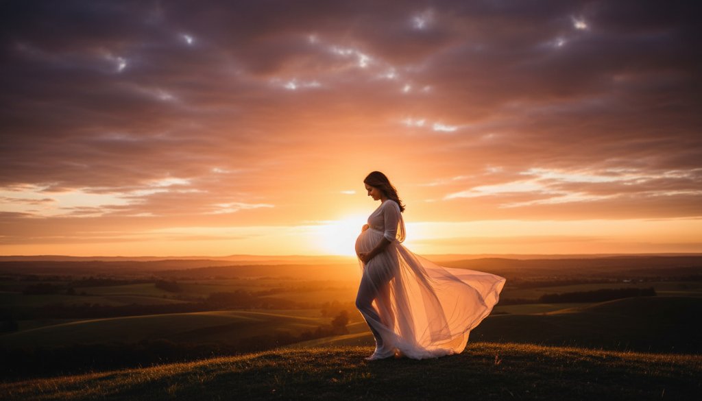 A breathtaking Kyneton Golden Hour Maternity Photoshoot Experience featuring a radiant pregnant woman silhouetted against a dramatic sunset over rolling Kyneton hills, her hands gently cradling her bump, captured with professional cinematic lighting and rich colour grading.