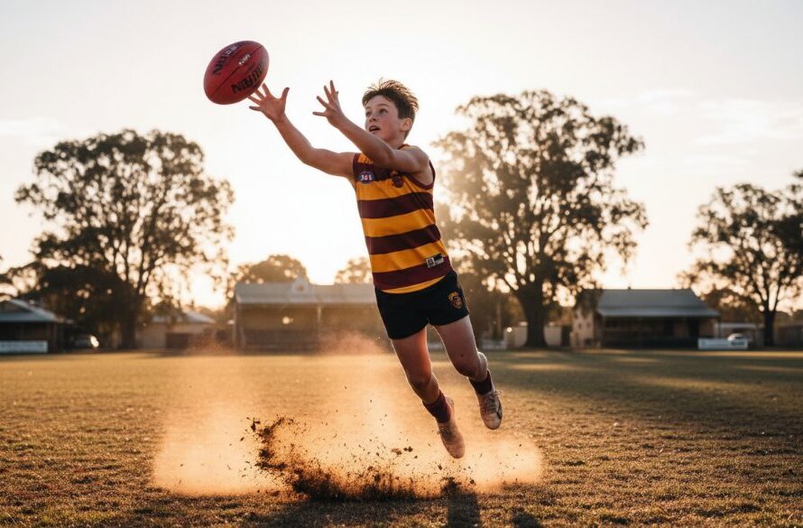 A dynamic, low-angle shot capturing a young athlete scoring a goal during a Kyneton junior sports photography action shots event, with dust kicking up and dramatic lighting.
