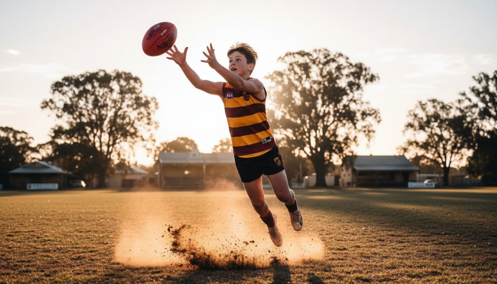 A dynamic, low-angle shot capturing a young athlete scoring a goal during a Kyneton junior sports photography action shots event, with dust kicking up and dramatic lighting.