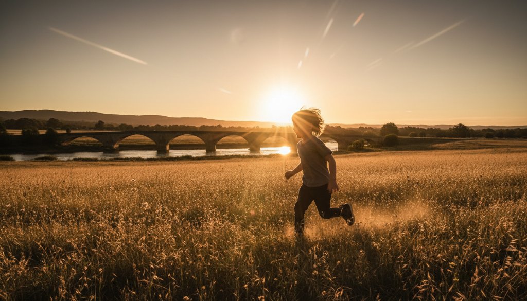 An evocative wide-angle shot capturing a child on an exciting Kyneton Kids Photography Adventures Victoria at sunset, running through golden fields near a historic Kyneton bridge, bathed in warm, dramatic backlighting, their laughter creating an unforgettable, joyful silhouette against the vibrant Victorian sky.