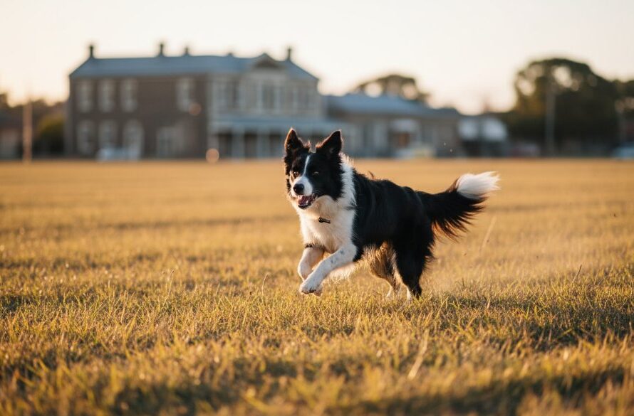 An energetic golden retriever mid-leap over a sun-drenched field in Kyneton, pure Kyneton pet photography capturing authentic canine joy, professional and vibrant, with the historic Kyneton bluestone buildings subtly in the background under a dramatic golden hour sky.