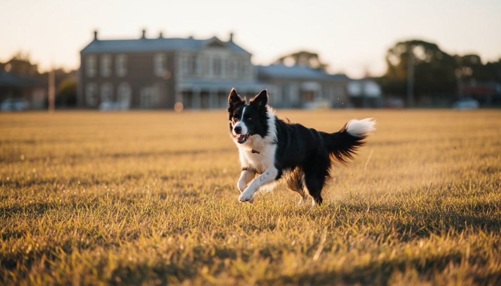 An energetic golden retriever mid-leap over a sun-drenched field in Kyneton, pure Kyneton pet photography capturing authentic canine joy, professional and vibrant, with the historic Kyneton bluestone buildings subtly in the background under a dramatic golden hour sky.