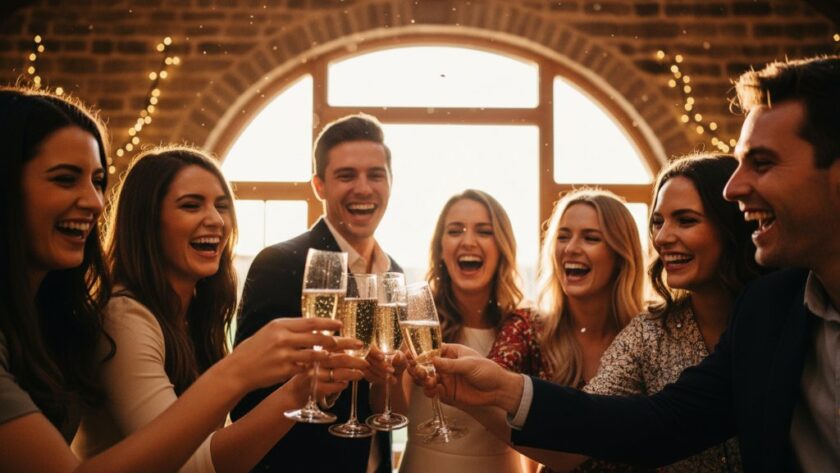 A jubilant group of friends laughing and raising glasses in a beautifully decorated Kyneton heritage venue, captured by a Kyneton private party photographer, showcasing vibrant memories with dramatic backlighting and a celebratory atmosphere.