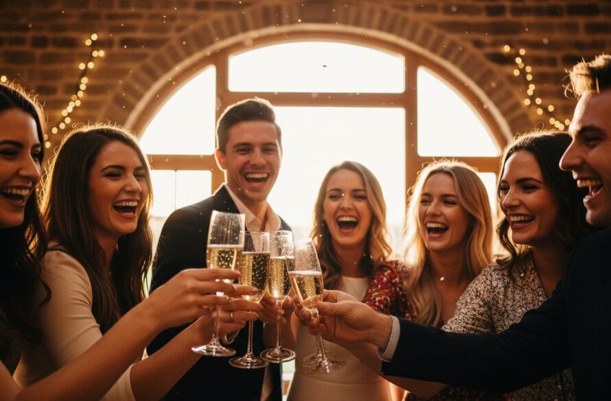 A jubilant group of friends laughing and raising glasses in a beautifully decorated Kyneton heritage venue, captured by a Kyneton private party photographer, showcasing vibrant memories with dramatic backlighting and a celebratory atmosphere.