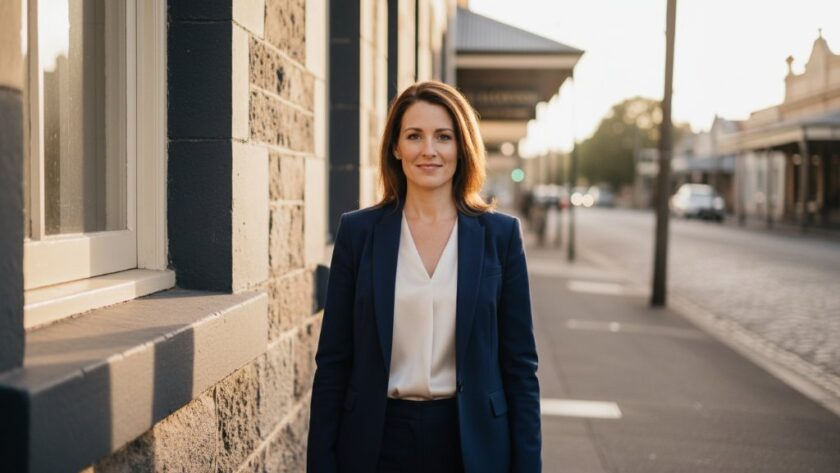 A confident local business owner in Kyneton, dressed in smart casual attire, smiling genuinely in a sunlit outdoor professional portrait. The Kyneton professional headshots for local businesses session captures them against a softly blurred historic bluestone building, conveying approachability and expertise.