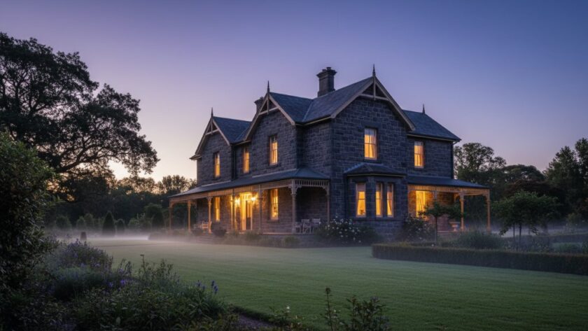 Dramatic evening shot of a grand Kyneton heritage home, professionally lit, highlighting intricate Victorian architecture and lush gardens, embodying expert Kyneton real estate photography showcasing heritage charm.