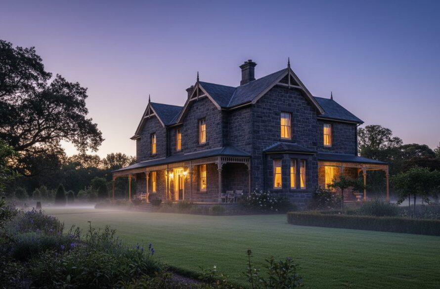 Dramatic evening shot of a grand Kyneton heritage home, professionally lit, highlighting intricate Victorian architecture and lush gardens, embodying expert Kyneton real estate photography showcasing heritage charm.