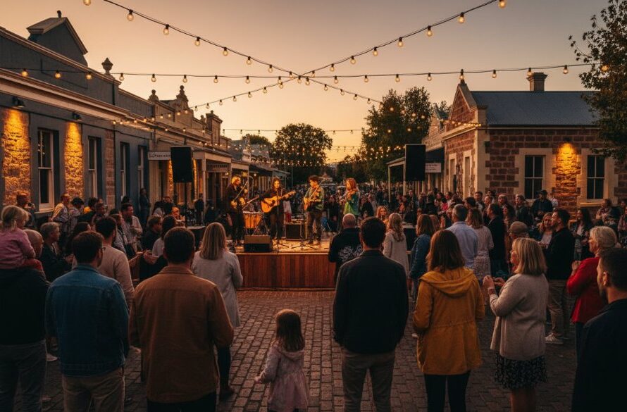 A candid, dramatic shot capturing a Kyneton Victoria memorable event photography moment: guests laughing joyously under string lights at a rustic outdoor reception near the Campaspe River, with warm, professional lighting and rich colour grading.