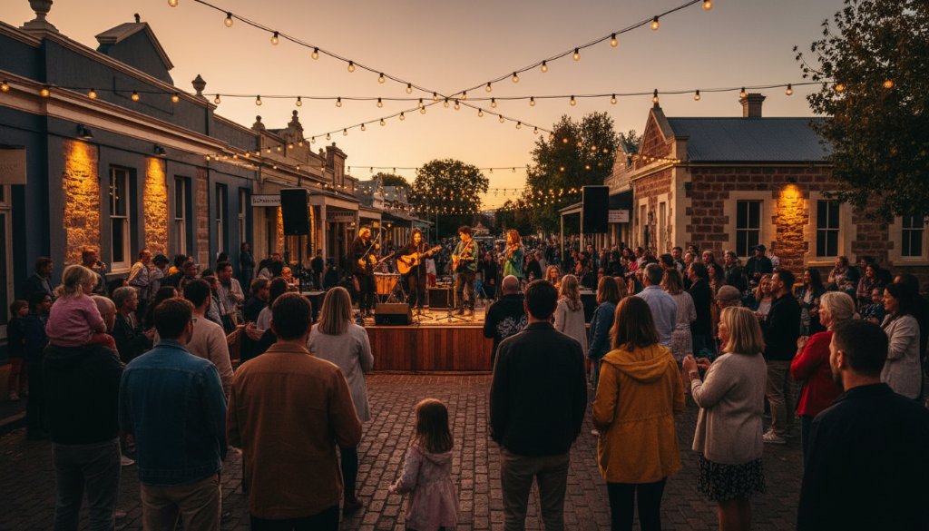 A candid, dramatic shot capturing a Kyneton Victoria memorable event photography moment: guests laughing joyously under string lights at a rustic outdoor reception near the Campaspe River, with warm, professional lighting and rich colour grading.