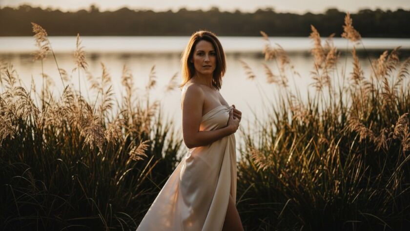 A stunning, professionally lit and color-graded portrait of a woman embodying empowerment through Lake Wendouree Boudoir Photography, captured with dramatic flair and elegant composition in a natural, intimate setting near the lake.