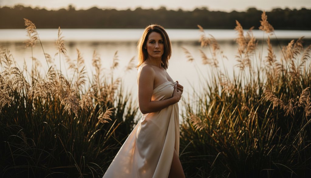 A stunning, professionally lit and color-graded portrait of a woman embodying empowerment through Lake Wendouree Boudoir Photography, captured with dramatic flair and elegant composition in a natural, intimate setting near the lake.